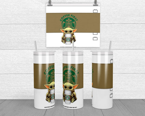 Skinny Tumbler - Coffee First Yoda White