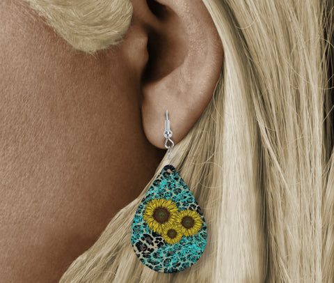 Teardrop Earring -leopard teal sunflower