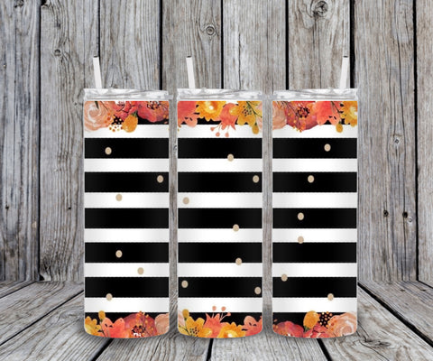 Skinny Tumbler - Black/White Stripes Flowers