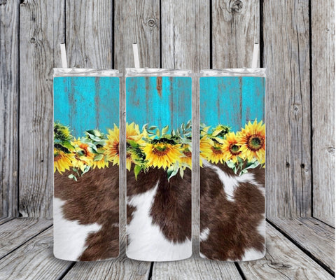 Skinny Tumbler - Teal Sunflowers Cow