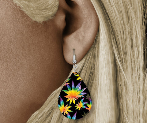 Teardrop Earring - colourful weed leaf