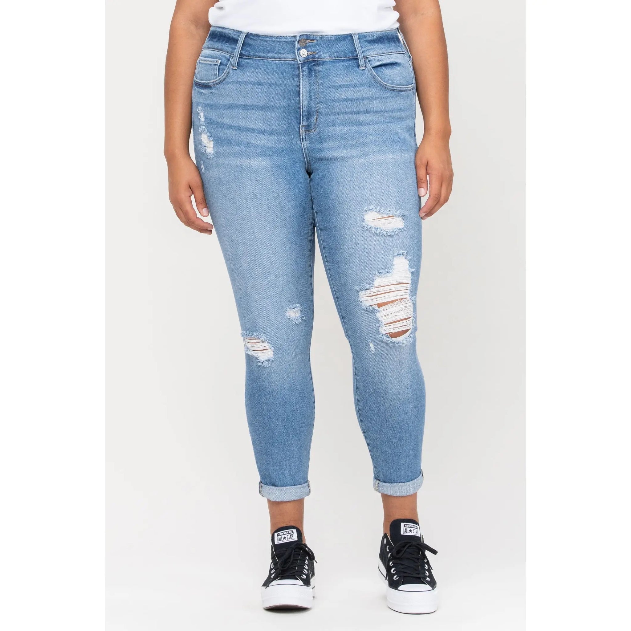 Plus Mid Rise Classic Wash Distressed Jeans