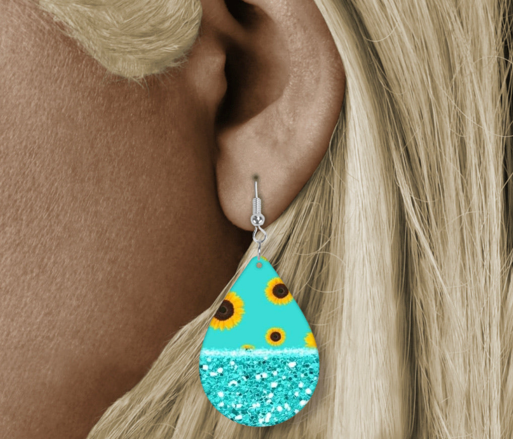 Teardrop Earring - Teal Sunflower With Sparkle