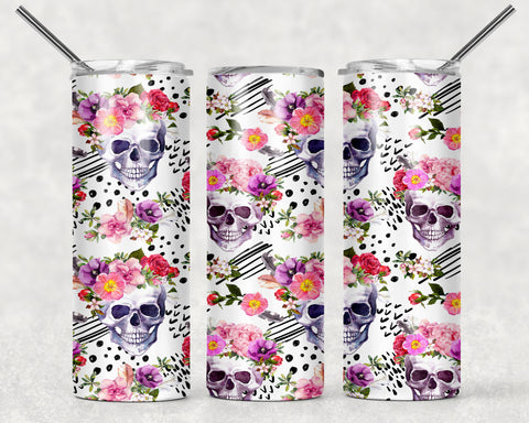 Skinny Tumbler - Skulls Flowers White Back