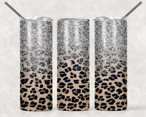 Skinny Tumbler - Leopard Fade To Silver Glitter