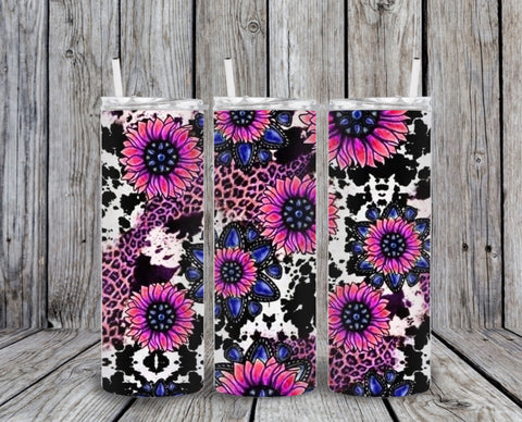 Skinny Tumbler - Cow Print Pink Flowers