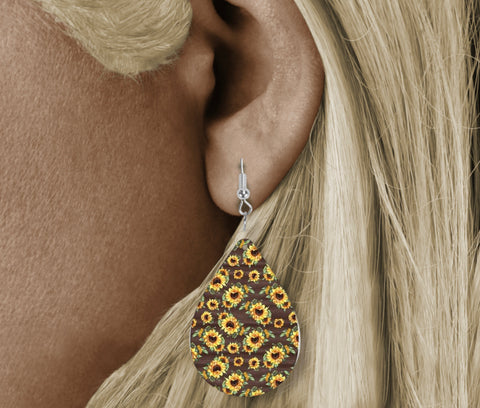 Teardrop Earring - brown back sunflowers