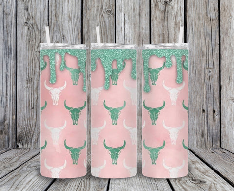 Skinny Tumbler -Pink Cup Green/White bulls