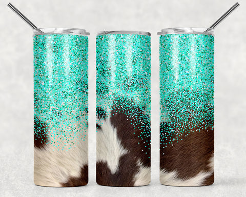 Skinny Tumbler - Cow Bottom Teal Sparkle Top