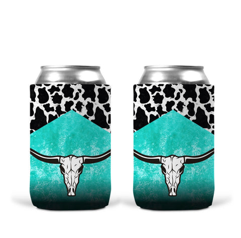 Can Koozie - Turquoise Cow Print