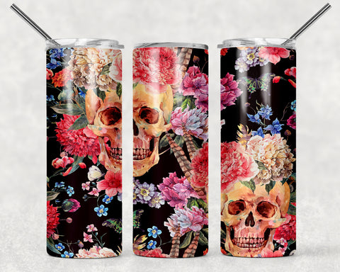 Skinny Tumbler - Skull Flowers Black Back