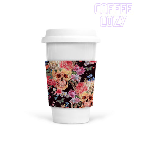 Coffee Cozy - Skull Floral Dark Background