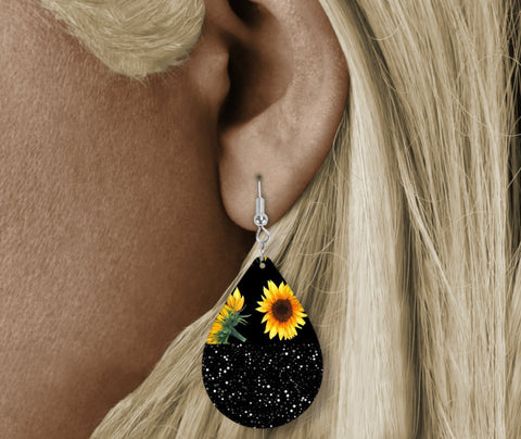 Teardrop Earring - black back sunflower white spots