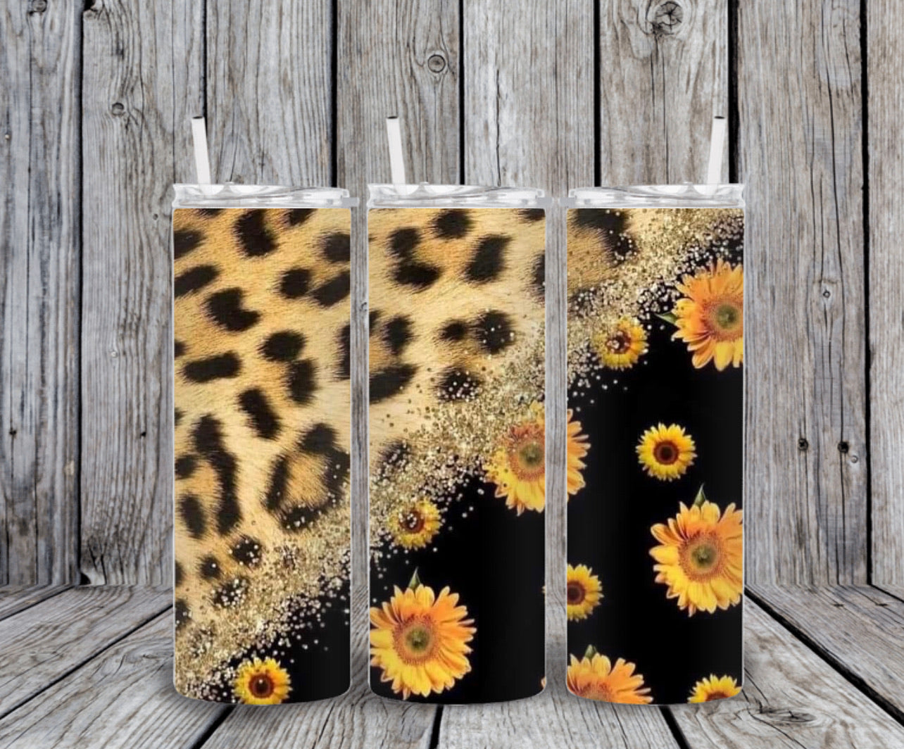Skinny Tumbler - Black Leopard Sunflowers
