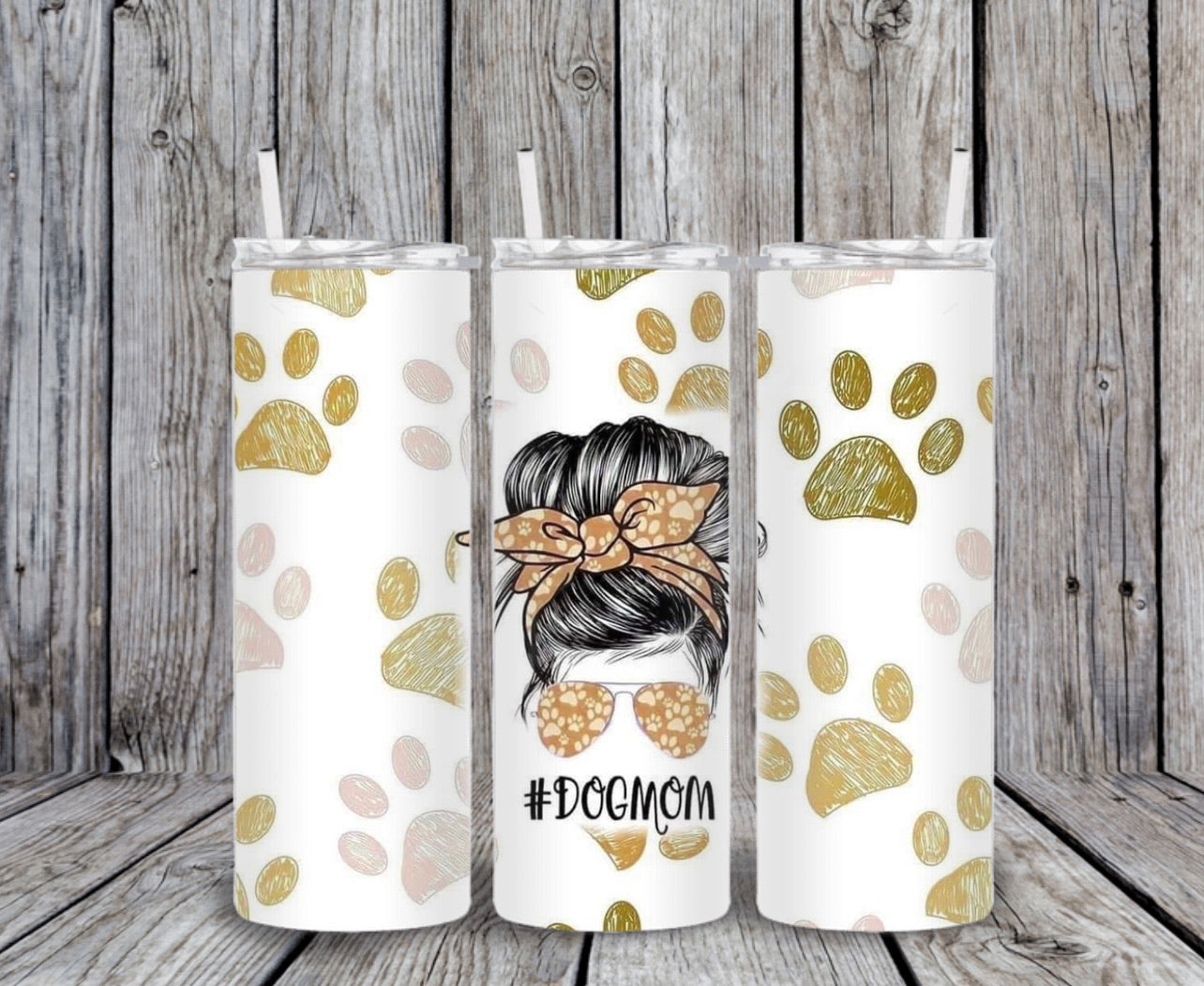 Skinny Tumbler - Dog Mom White Gold Paws
