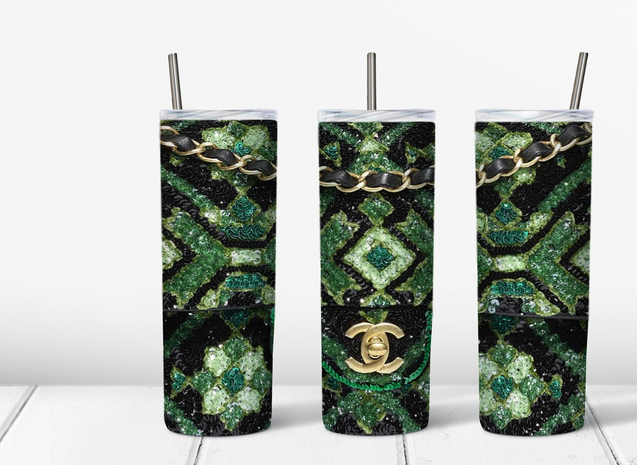 Skinny Tumbler - Green Sequin CC