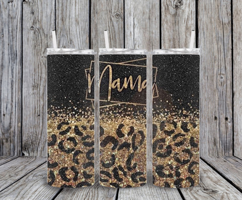 Skinny Tumbler -Mama  Black With Gold Leopard