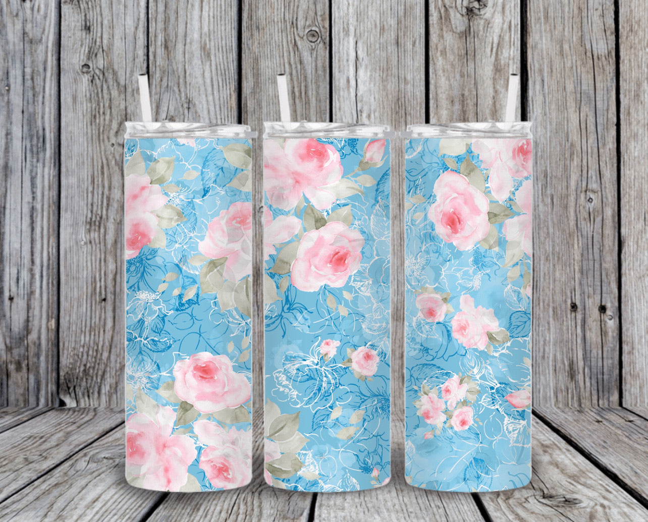 Skinny Tumbler - Blue With Roses