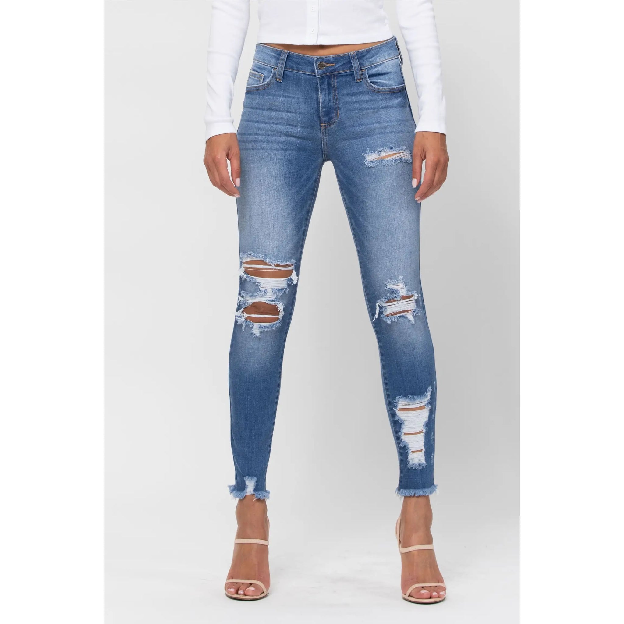 Mid Rise Classic Wash Destroyed Jeans