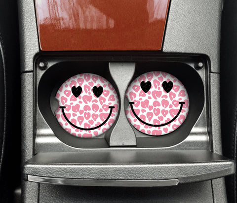 Car Coaster - Pink Leopard Smiley