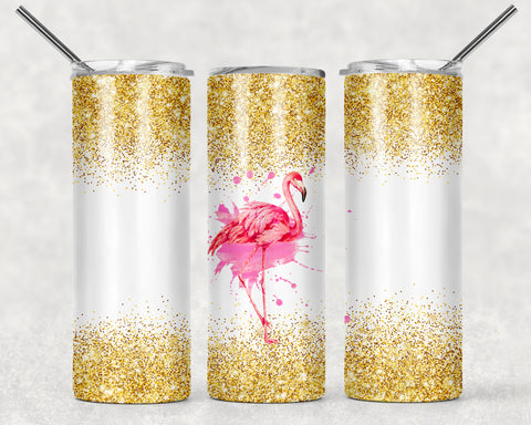 Skinny Tumbler - White/Gold Sparkle Flamingo