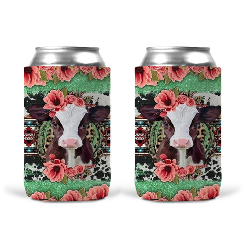 Can Koozie -Cow With Flowers