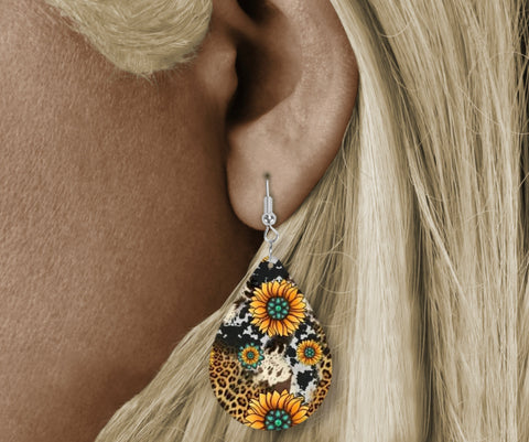 Teardrop Earring - leopard/cow sunflower