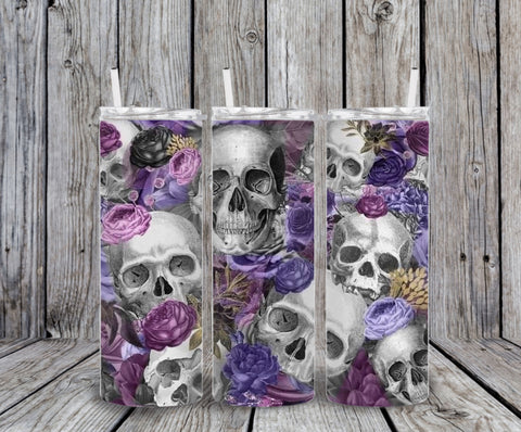 Skinny Tumbler - Skulls Purple Pink Flowers