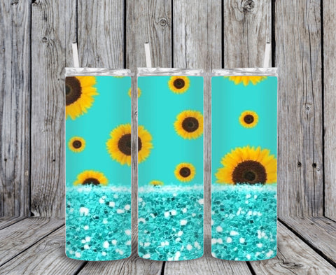 Skinny Tumbler - Teal Sunflower Sparkle
