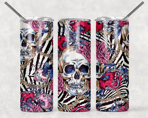 Skinny Tumbler - Skull Zebra Flowers