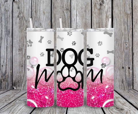 Skinny Tumbler - Dog Mom Pink/White